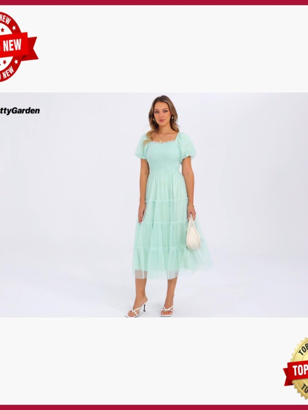 Smocked Midi Tulle Dress Puffy Sleeve Square Neck Wedding Guest Party - Picture 7 of 7